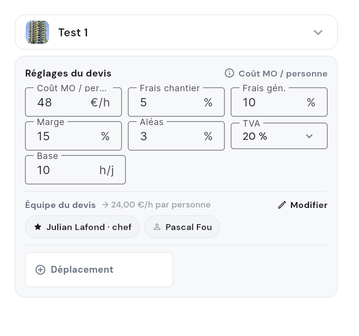 Réglages du devis : taux de main-d’œuvre, frais, marge, TVA et équipe
